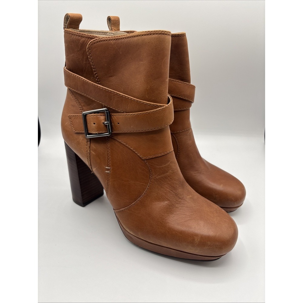Clarks Women's Gabriel Mix Leather Block Heel‎ Ankle Boots Tan Leather US 9.5